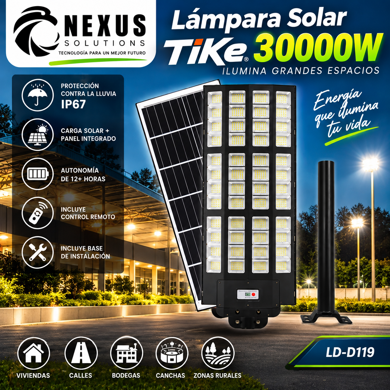 Lámpara Solar Integrada de 30000W para Patio Exterior