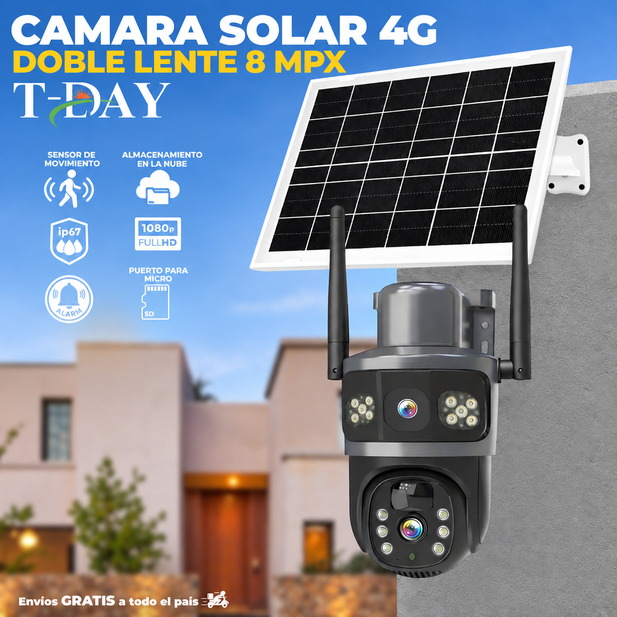 T-DAY 4G Cámara de Seguridad Solar Con doble lente (8Mpx HD)